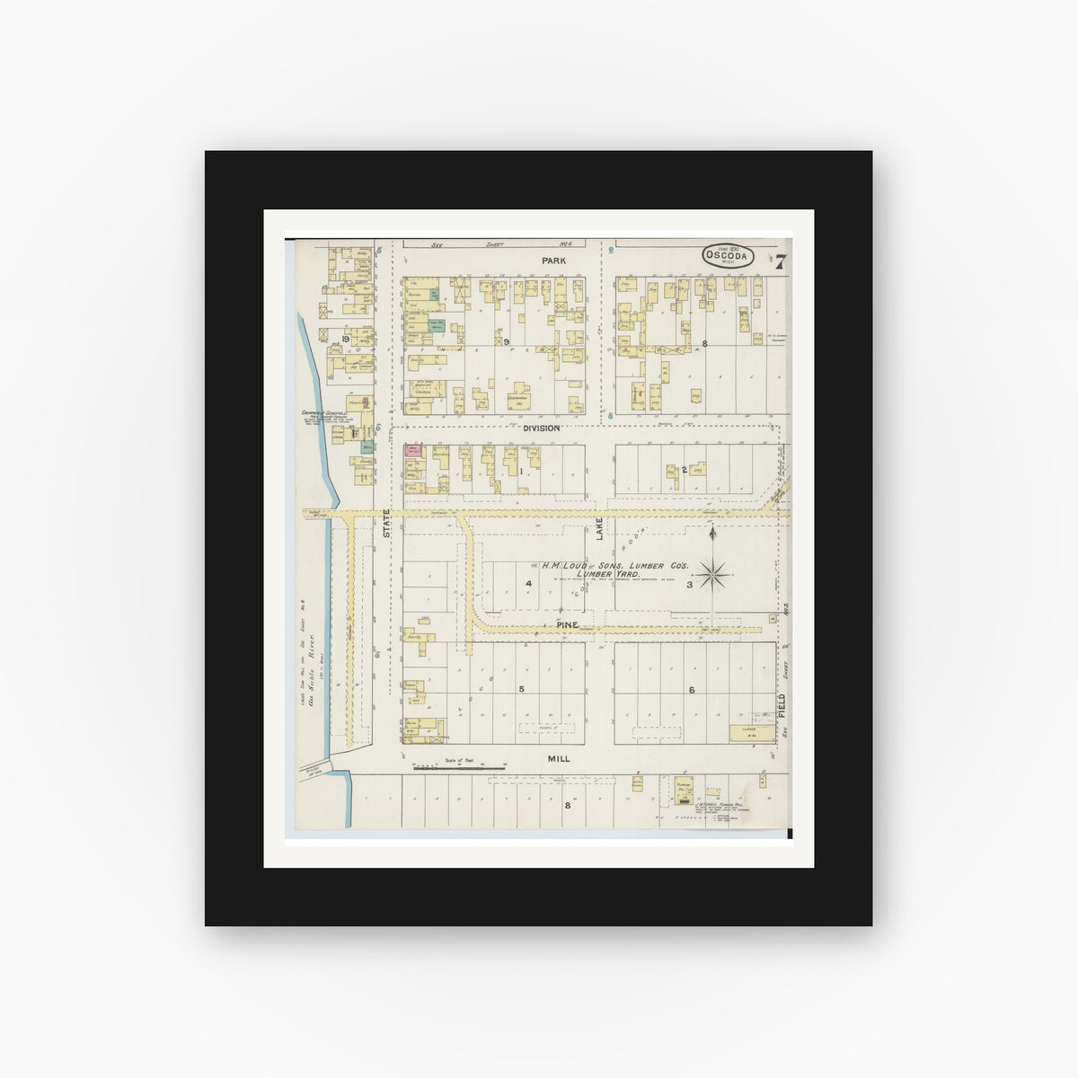 Old map wall art mockup — black gallery frame with white mat — Sanborn Fire Insurance Map from Oscoda, Iosco County, Michigan (1890), Sheet #0007