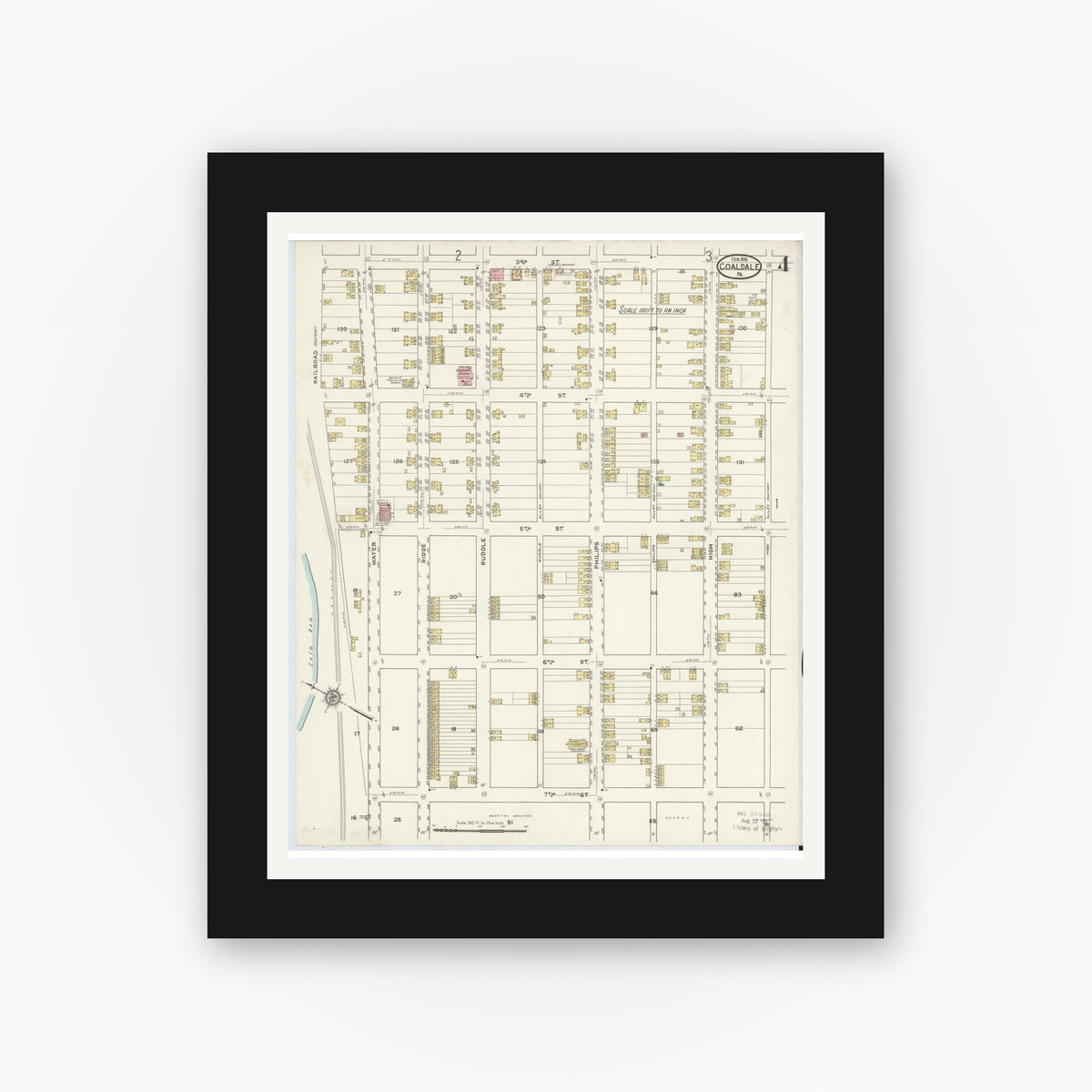 Old map wall art mockup — black gallery frame with white mat — Sanborn Fire Insurance Map from Coaldale, Schuylkill County, Pennsylvania (1916), Sheet #0004