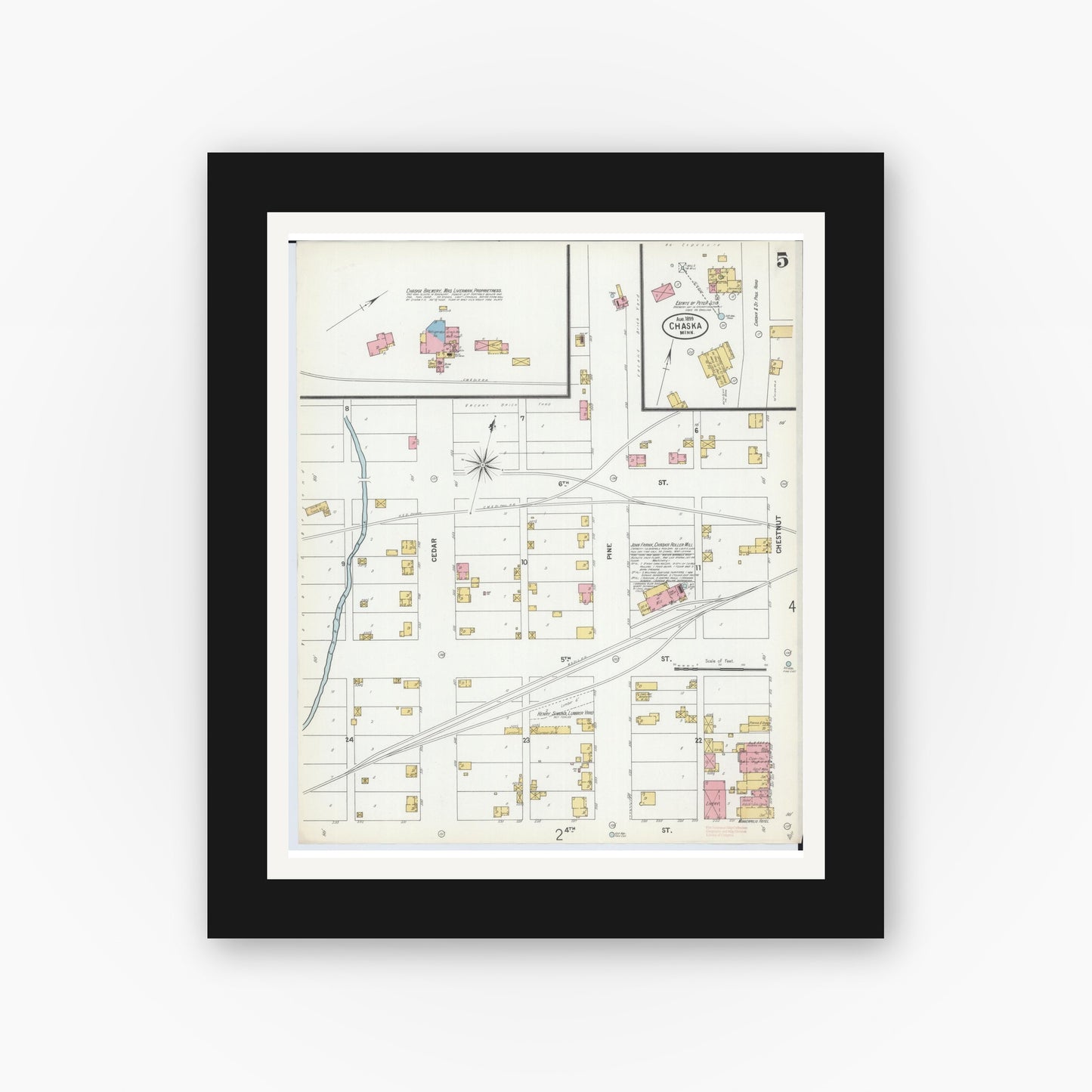 Old map wall art mockup — black gallery frame with white mat — Sanborn Fire Insurance Map from Chaska, Carver County, Minnesota (1899), Sheet #0005