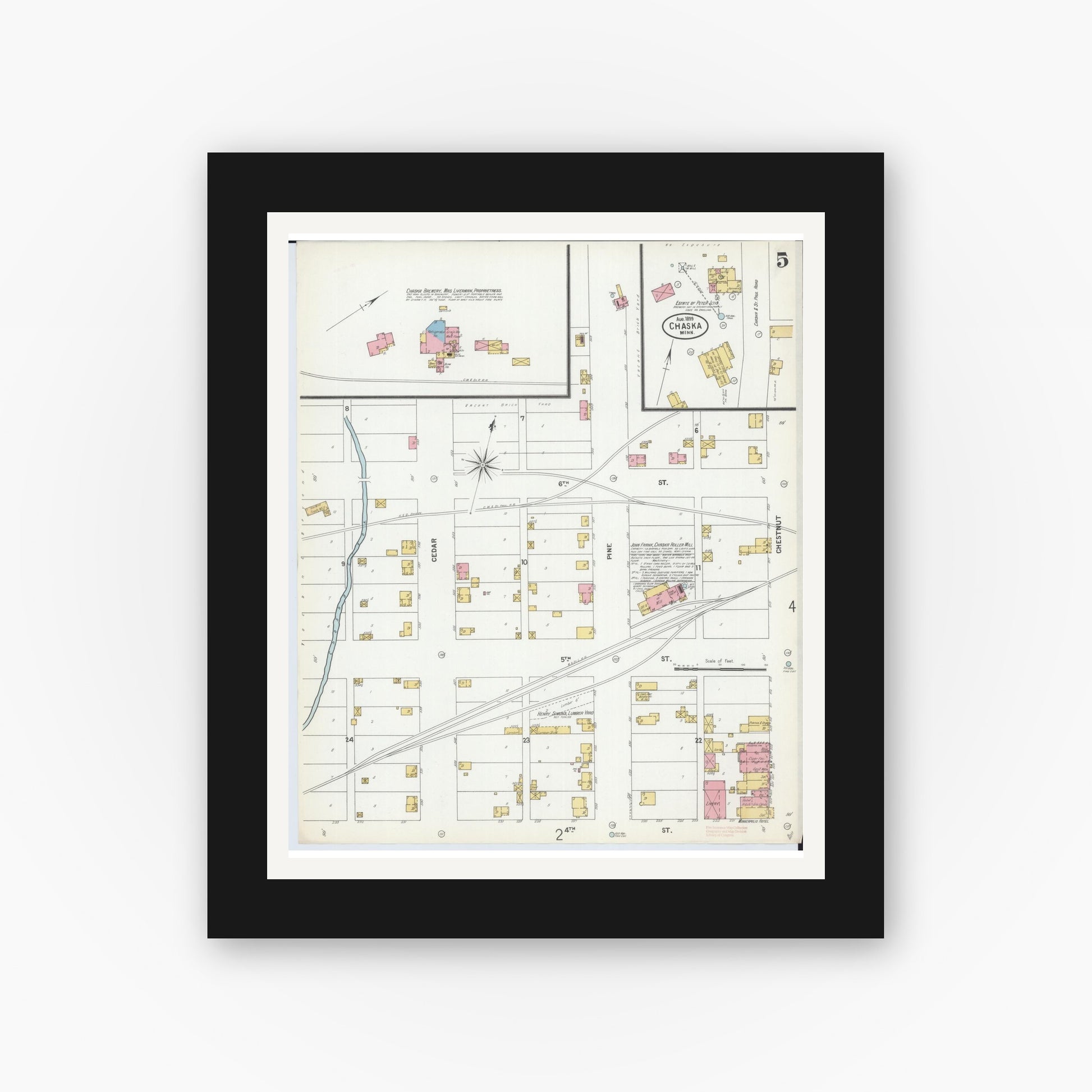 Old map wall art mockup — black gallery frame with white mat — Sanborn Fire Insurance Map from Chaska, Carver County, Minnesota (1899), Sheet #0005