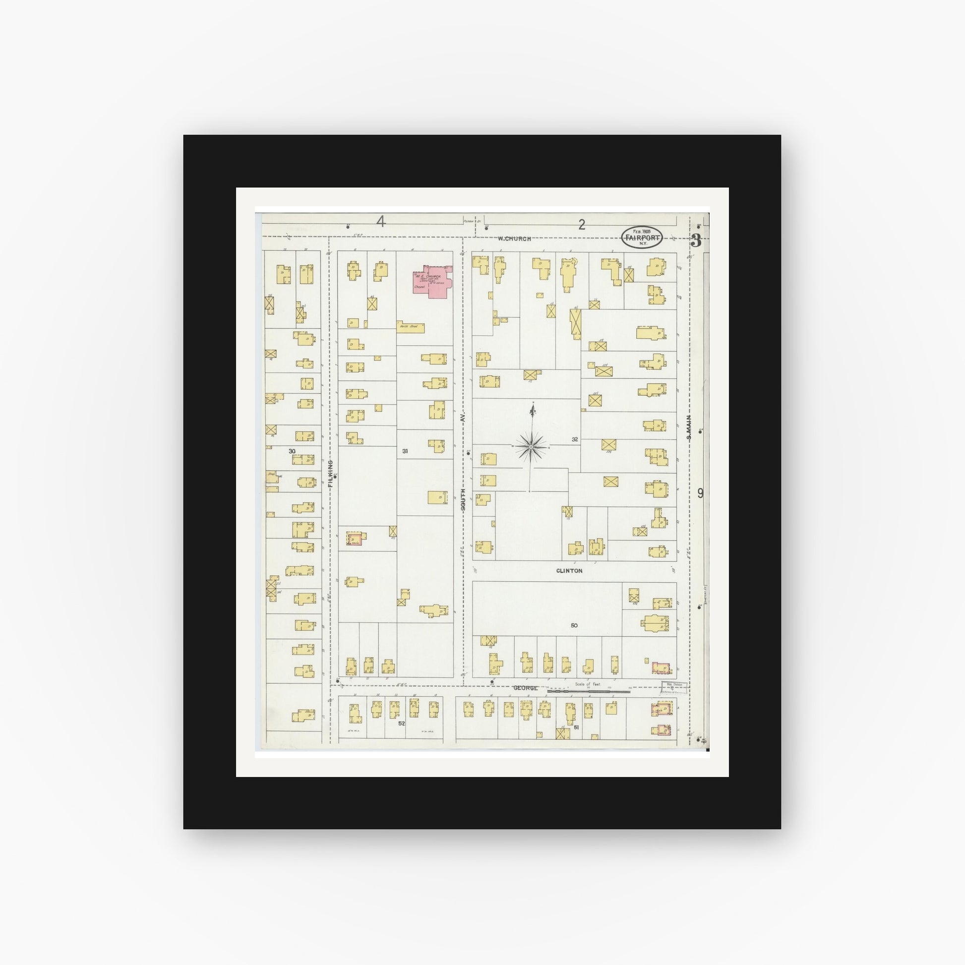 Old map wall art mockup — black gallery frame with white mat — Sanborn Fire Insurance Map from Fairport, Monroe County, New York (1905), Sheet #0003