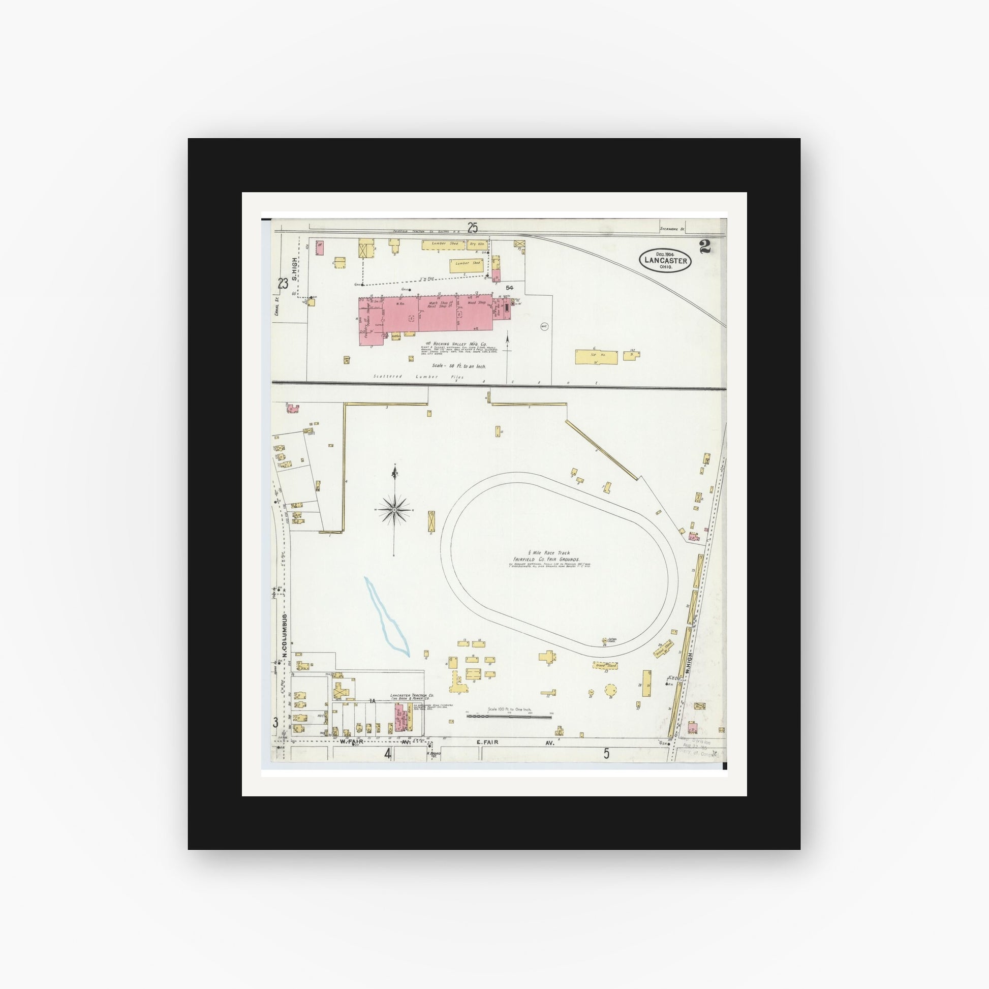 Old map wall art mockup — black gallery frame with white mat — Sanborn Fire Insurance Map from Lancaster, Fairfield County, Ohio (1904), Sheet #0002