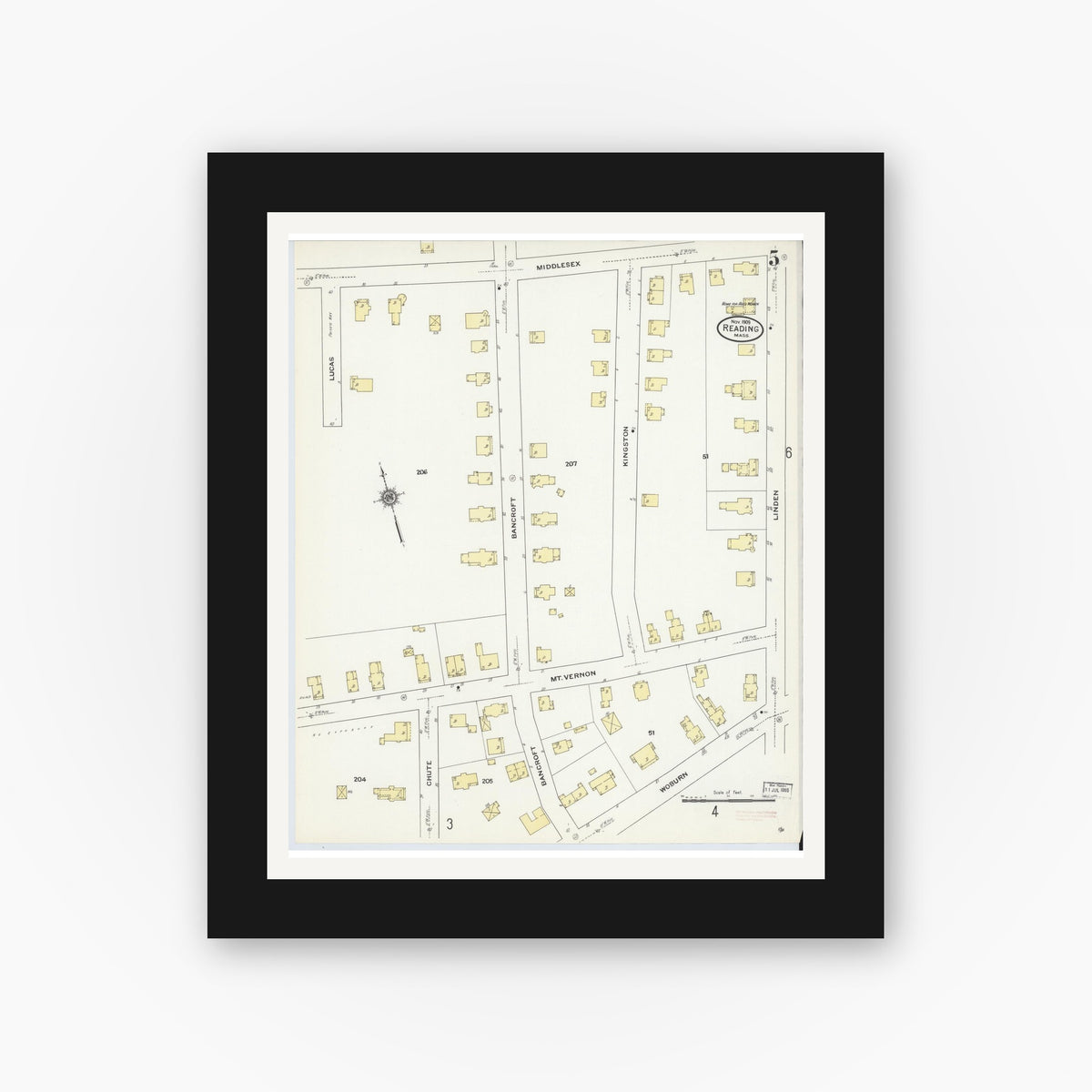 Old map wall art mockup — black gallery frame with white mat — Sanborn Fire Insurance Map from Reading, Middlesex County, Massachusetts (1909), Sheet #0005