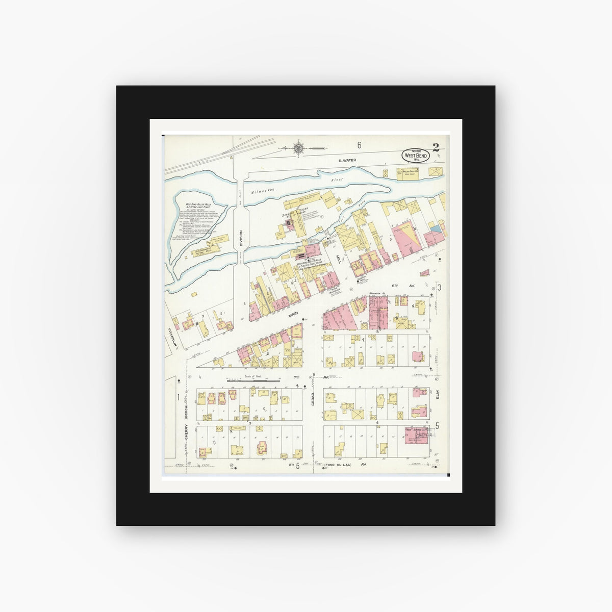 Old map wall art mockup — black gallery frame with white mat — Sanborn Fire Insurance Map from West Bend, Washington County, Wisconsin (1910), Sheet #0002