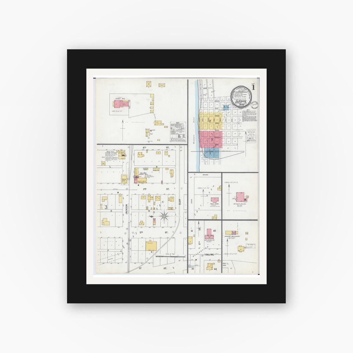 Old map wall art mockup — black gallery frame with white mat — Sanborn Fire Insurance Map from Glasgow, Howard County, Missouri (1900) - Complete Map Set