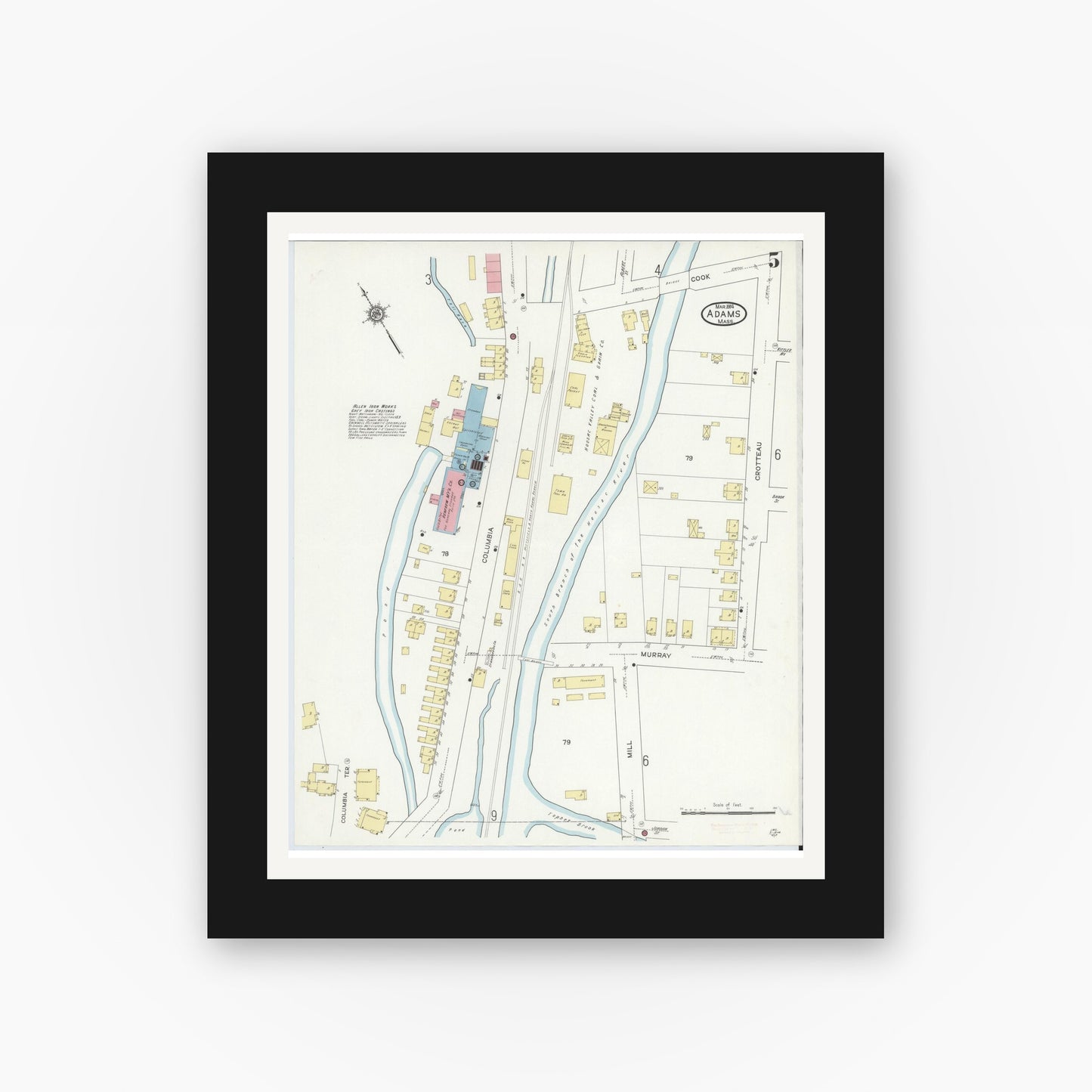 Old map wall art mockup — black gallery frame with white mat — Sanborn Fire Insurance Map from Adams, Berkshire County, Massachusetts (1914), Sheet #0005