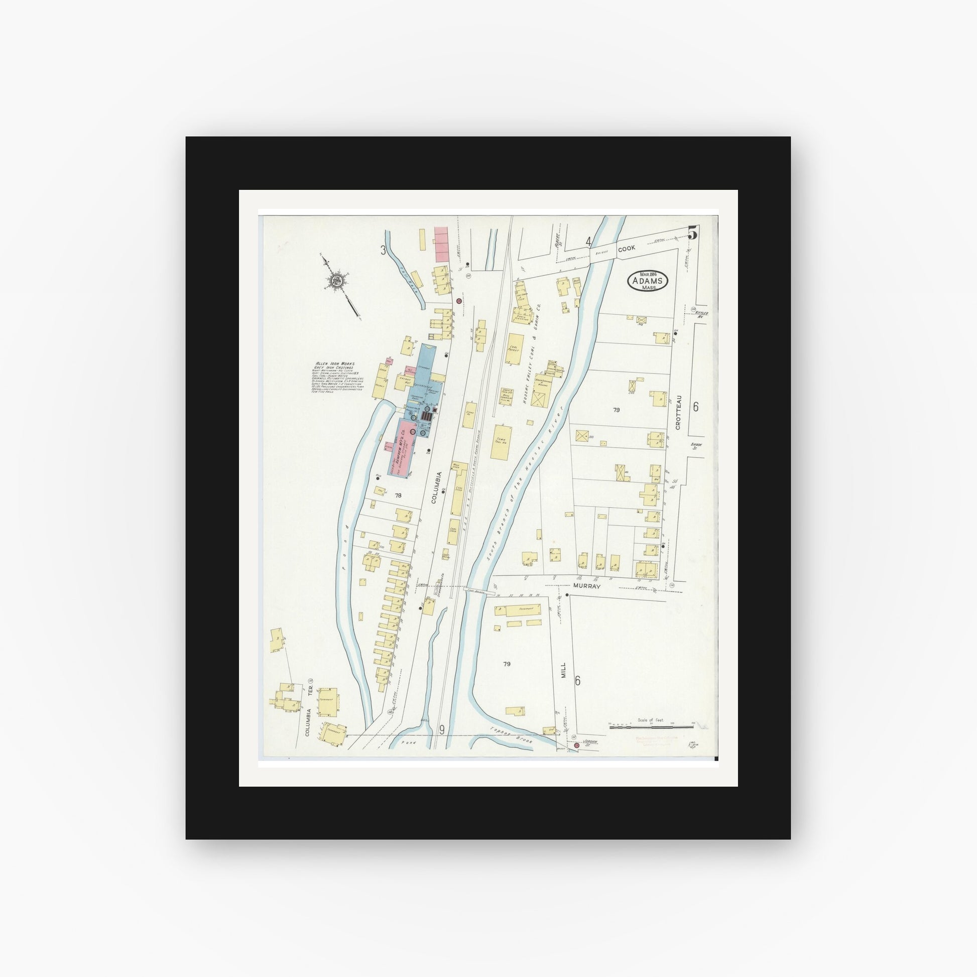 Old map wall art mockup — black gallery frame with white mat — Sanborn Fire Insurance Map from Adams, Berkshire County, Massachusetts (1914), Sheet #0005