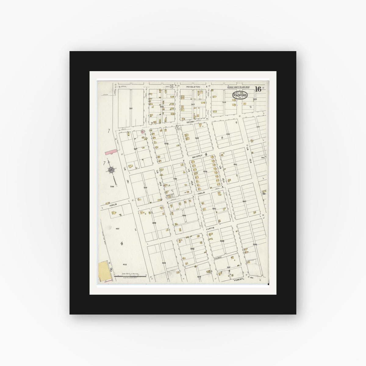 Old map wall art mockup — black gallery frame with white mat — Sanborn Fire Insurance Map from Radford, Independent Cities, Virginia (1920), Sheet #0016