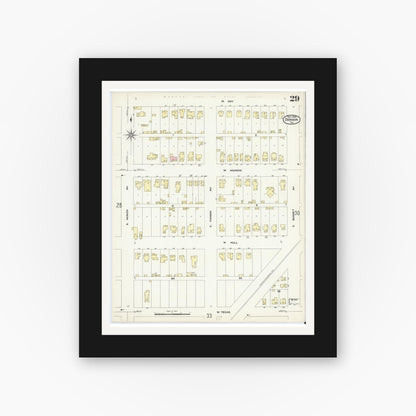 Old map wall art mockup — black gallery frame with white mat — Sanborn Fire Insurance Map from Denison, Grayson County, Texas (1908), Sheet #0029