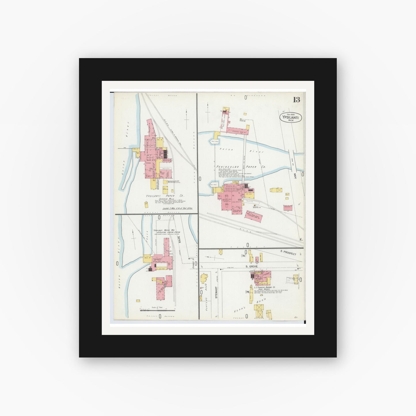 Old map wall art mockup — black gallery frame with white mat — Sanborn Fire Insurance Map from Ypsilanti, Washtenaw County, Michigan (1899), Sheet #0013