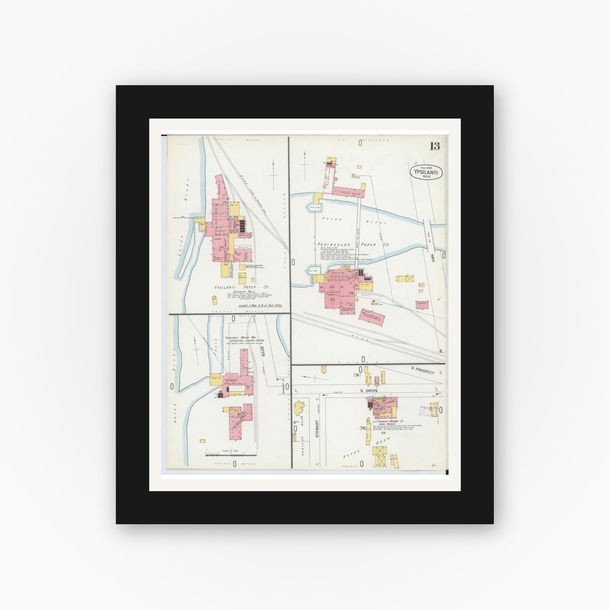Old map wall art mockup — black gallery frame with white mat — Sanborn Fire Insurance Map from Ypsilanti, Washtenaw County, Michigan (1899), Sheet #0013