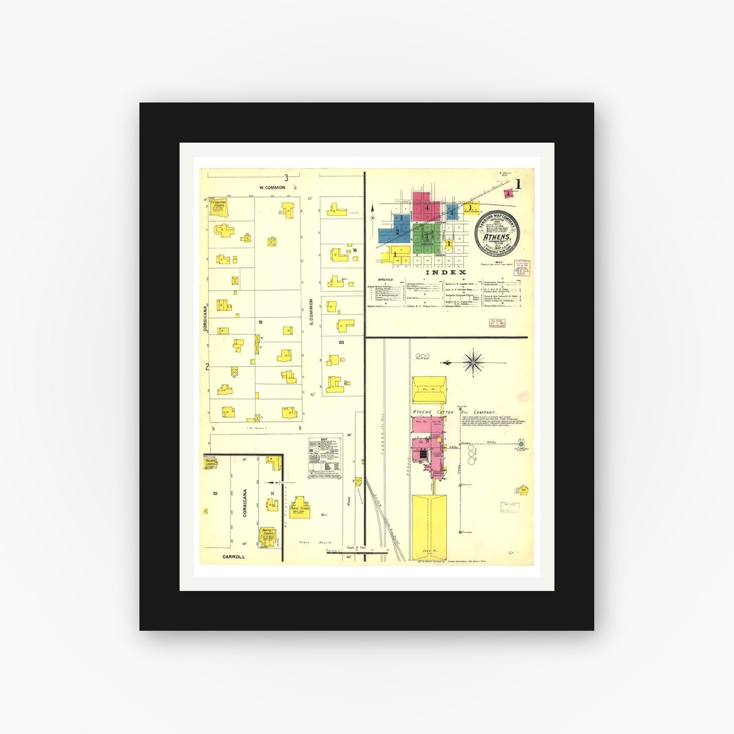 Old map wall art mockup — black gallery frame with white mat — Sanborn Fire Insurance Map from Athens, Henderson County, Texas (1907), Sheet #0001