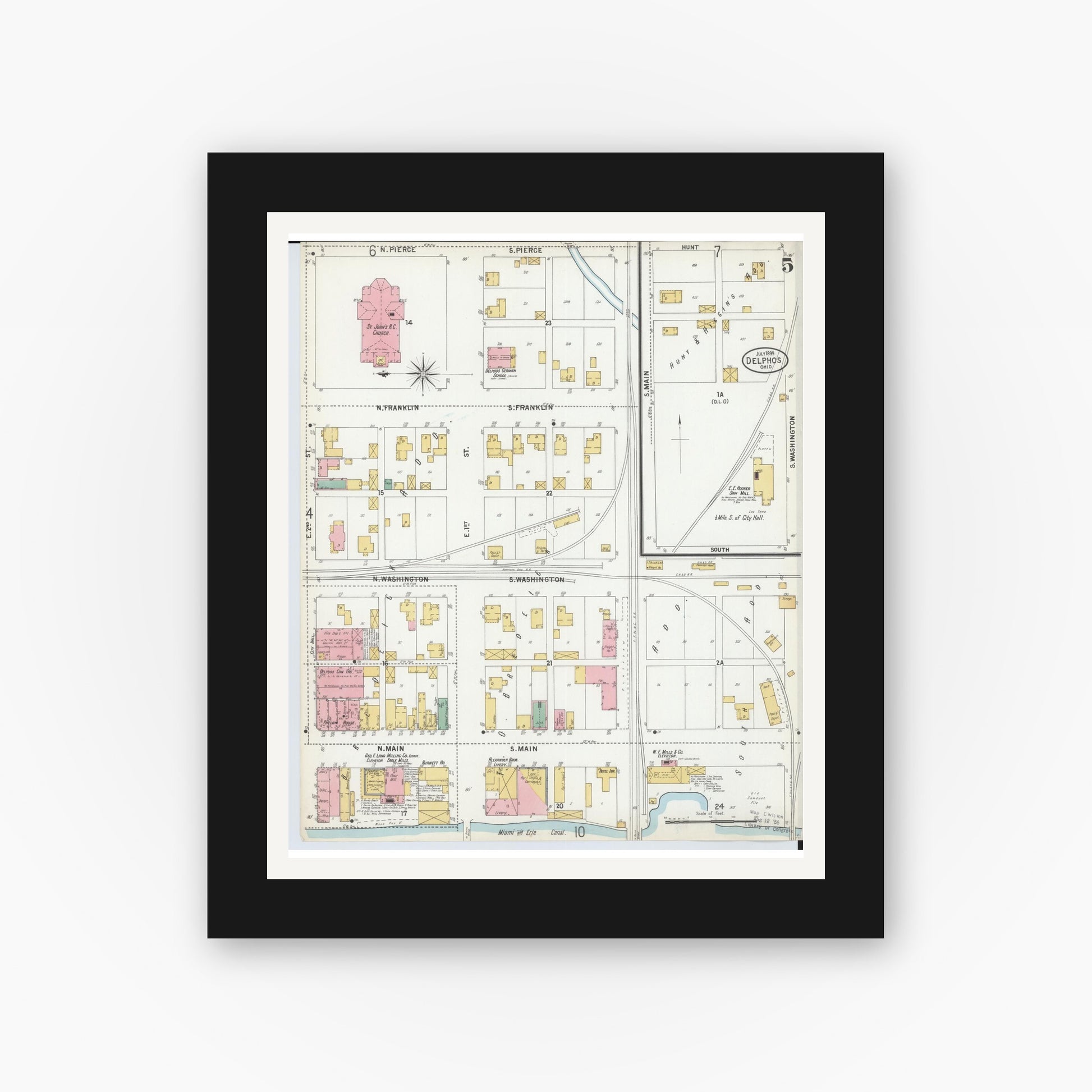Old map wall art mockup — black gallery frame with white mat — Sanborn Fire Insurance Map from Delphos, Van Wert And Allen Counties, Ohio (1899), Sheet #0005
