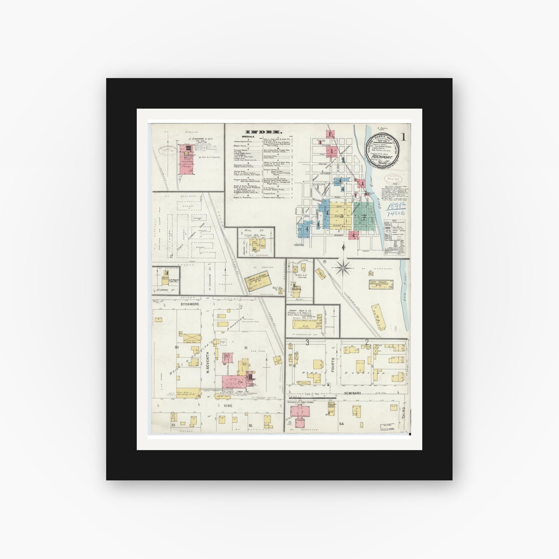 Old map wall art mockup — black gallery frame with white mat — Sanborn Fire Insurance Map from Rockport, Spencer County, Indiana (1898) - Complete Map Set