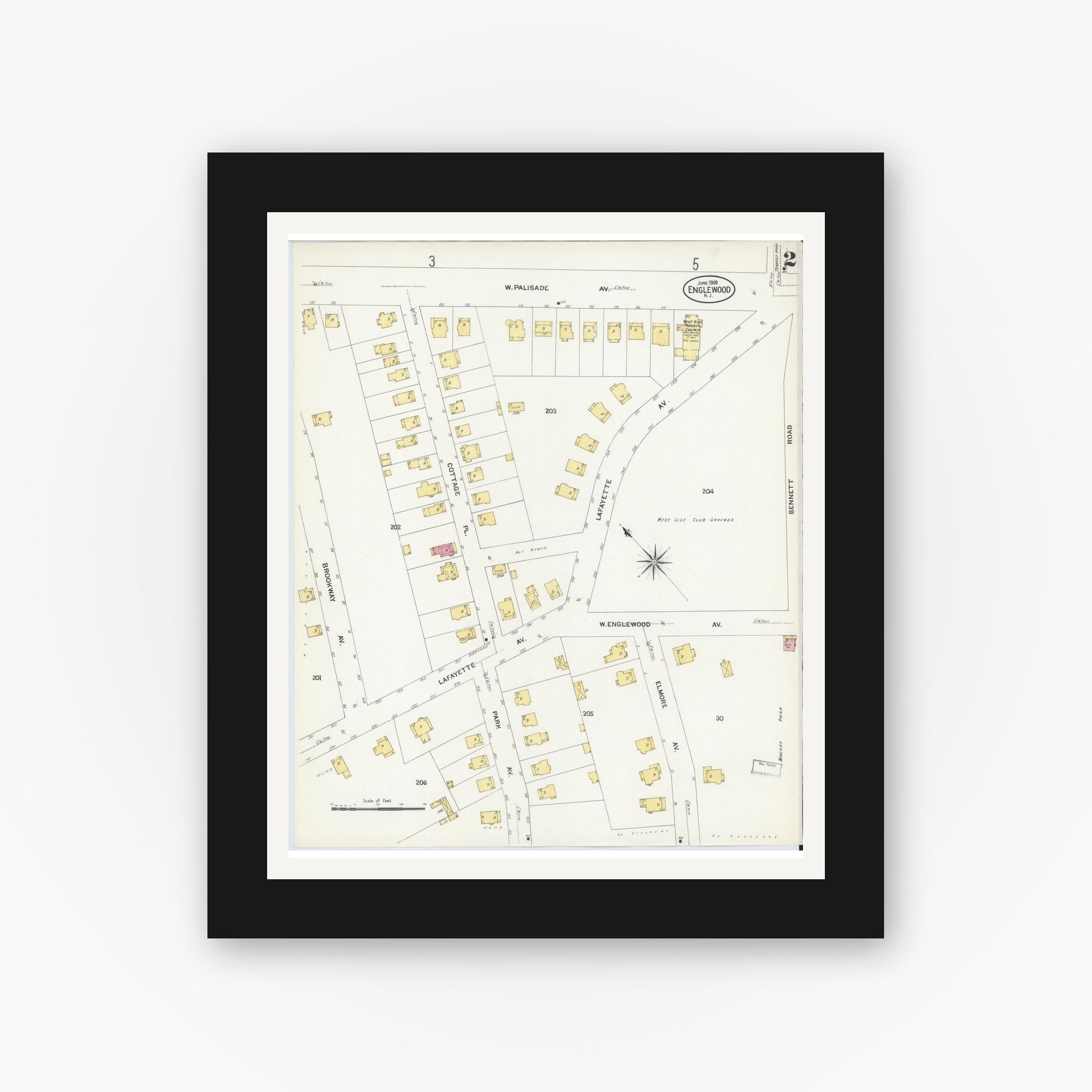Old map wall art mockup — black gallery frame with white mat — Sanborn Fire Insurance Map from Englewood, Bergen County, New Jersey (1908) - Complete Map Set