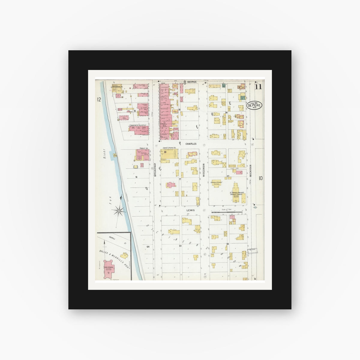 Old map wall art mockup — black gallery frame with white mat — Sanborn Fire Insurance Map from De Pere, Brown County, Wisconsin (1900), Sheet #0011
