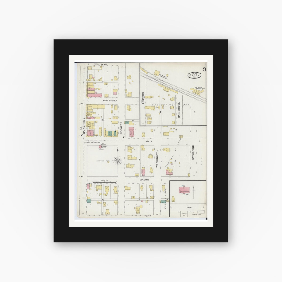 Old map wall art mockup — black gallery frame with white mat — Sanborn Fire Insurance Map from Barry, Pike County, Illinois (1894), Sheet #0003