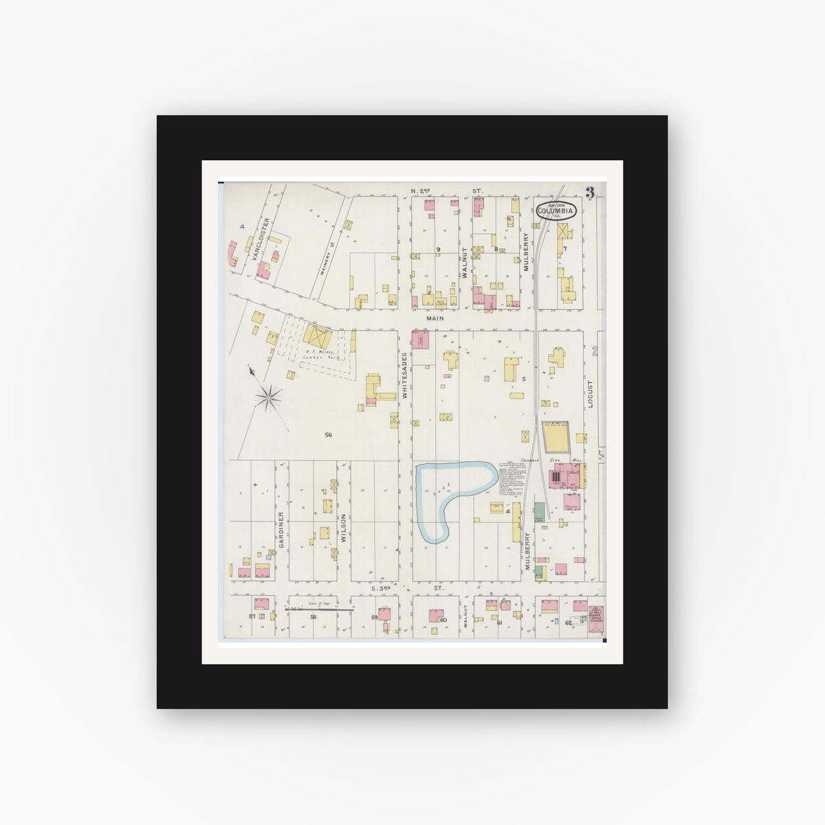 Old map wall art mockup — black gallery frame with white mat — Sanborn Fire Insurance Map from Columbia, Monroe County, Illinois (1894), Sheet #0003
