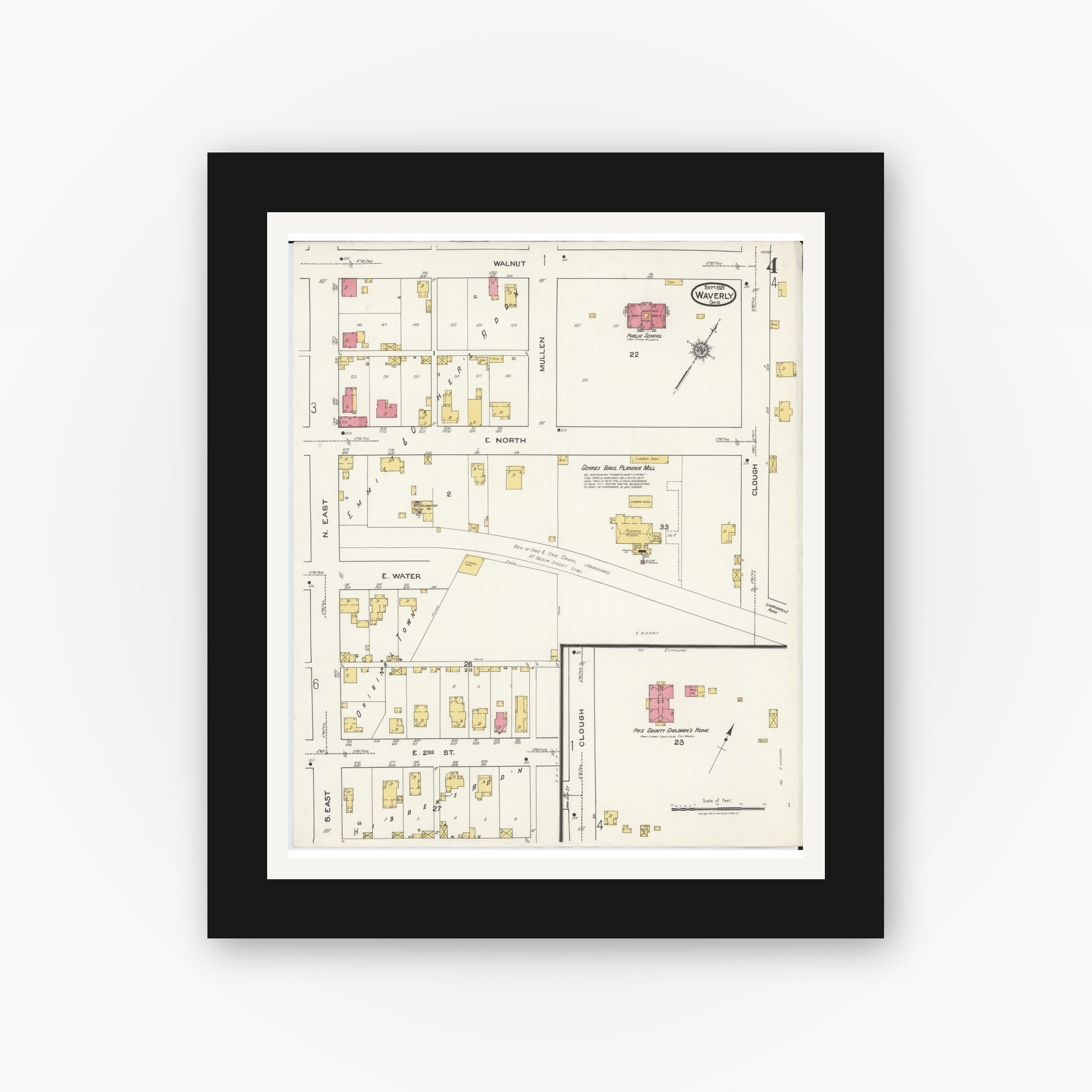 Old map wall art mockup — black gallery frame with white mat — Sanborn Fire Insurance Map from Waverly, Pike County, Ohio (1921), Sheet #0004