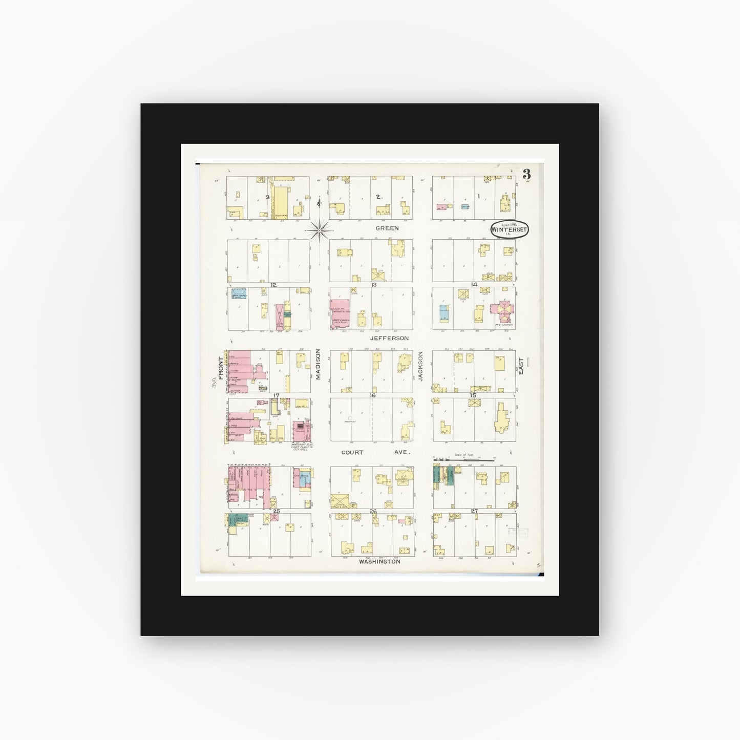 Old map wall art mockup — black gallery frame with white mat — Sanborn Fire Insurance Map from Winterset, Madison County, Iowa (1893), Sheet #0003