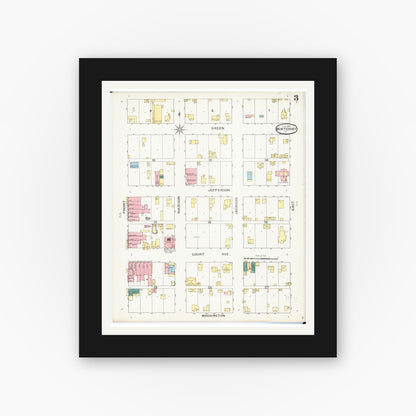 Old map wall art mockup — black gallery frame with white mat — Sanborn Fire Insurance Map from Winterset, Madison County, Iowa (1893), Sheet #0003