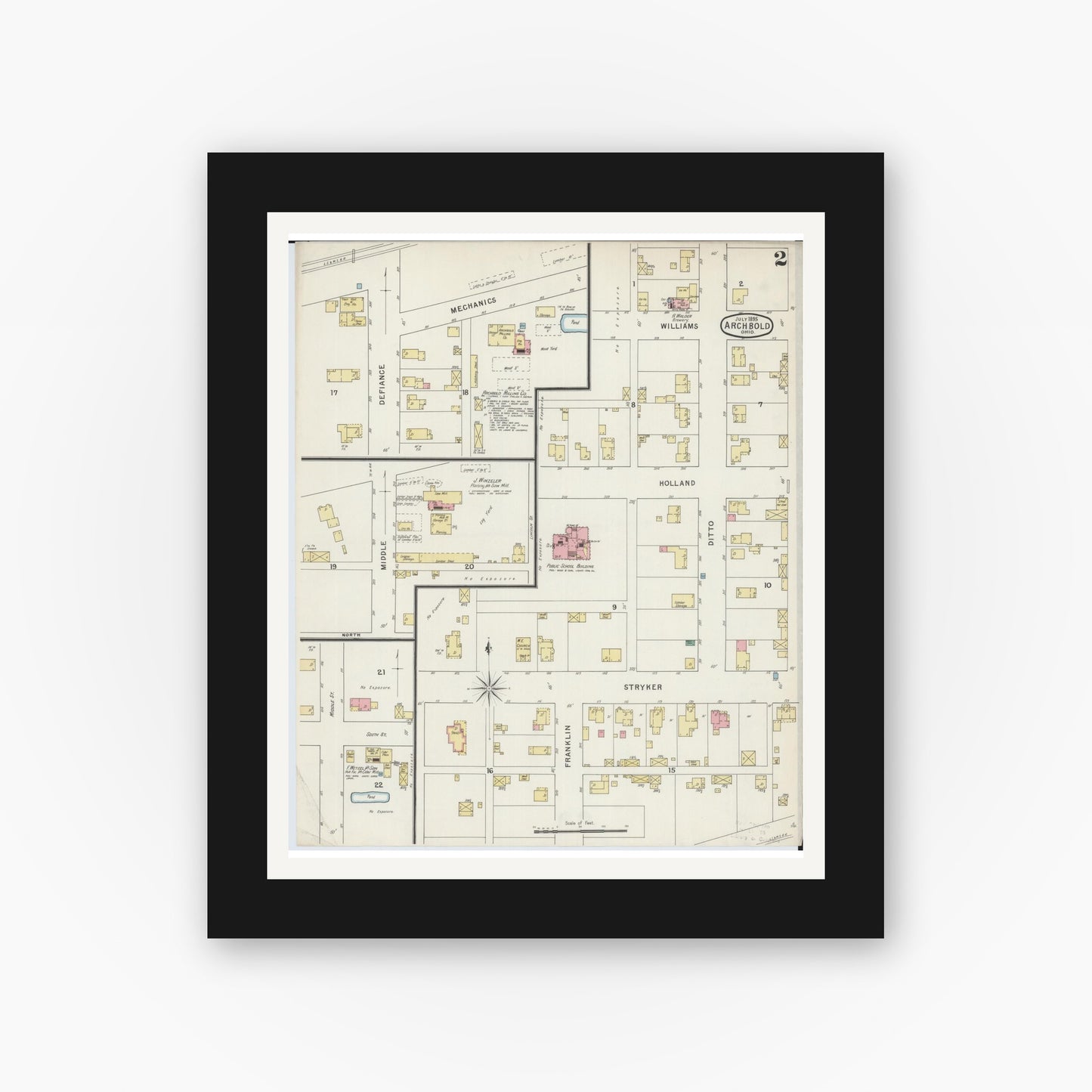 Old map wall art mockup — black gallery frame with white mat — Sanborn Fire Insurance Map from Archbold, Fulton County, Ohio (1895), Sheet #0002
