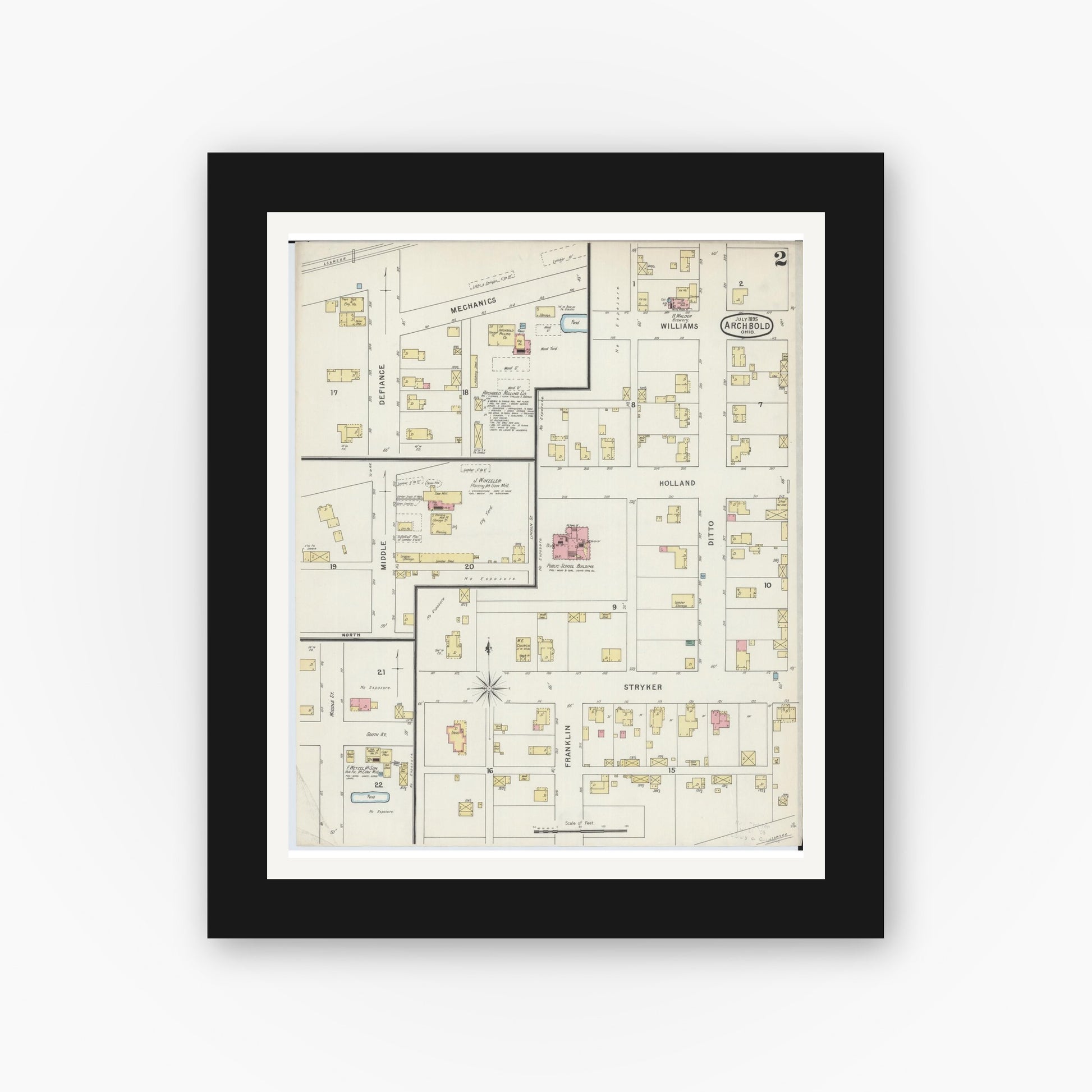 Old map wall art mockup — black gallery frame with white mat — Sanborn Fire Insurance Map from Archbold, Fulton County, Ohio (1895), Sheet #0002