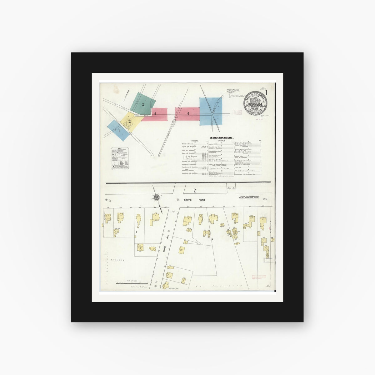 Old map wall art mockup — black gallery frame with white mat — Sanborn Fire Insurance Map from Holcomb, Ontario County, New York (1909) - Complete Map Set