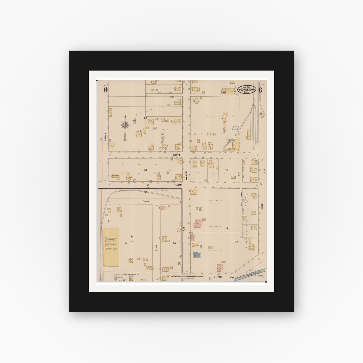 Old map wall art mockup — black gallery frame with white mat — Sanborn Fire Insurance Map from Georgetown, Brown County, Ohio (1922), Sheet #0006