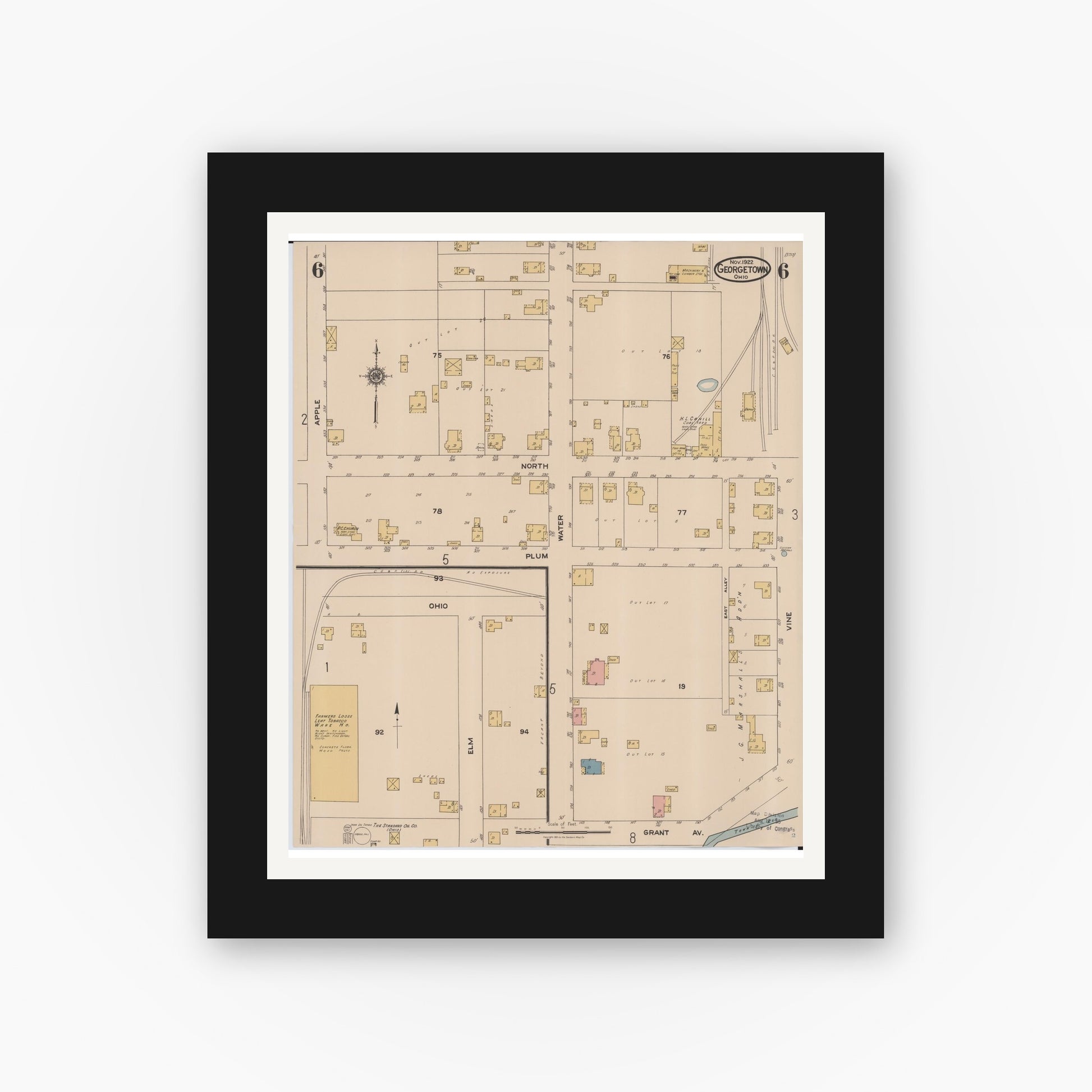 Old map wall art mockup — black gallery frame with white mat — Sanborn Fire Insurance Map from Georgetown, Brown County, Ohio (1922), Sheet #0006