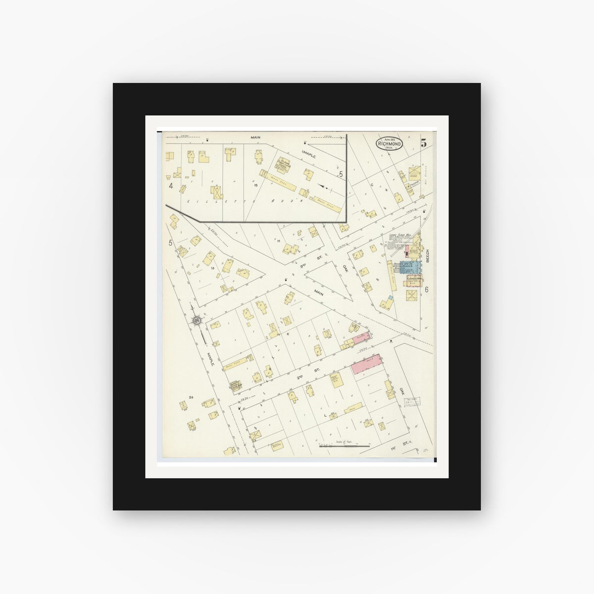 Old map wall art mockup — black gallery frame with white mat — Sanborn Fire Insurance Map from Richmond, Macomb County, Michigan (1913), Sheet #0005