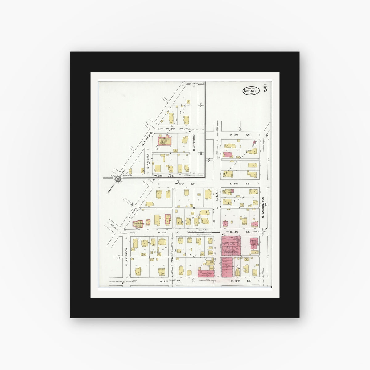 Old map wall art mockup — black gallery frame with white mat — Sanborn Fire Insurance Map from Bicknell, Knox County, Indiana (1921), Sheet #0005