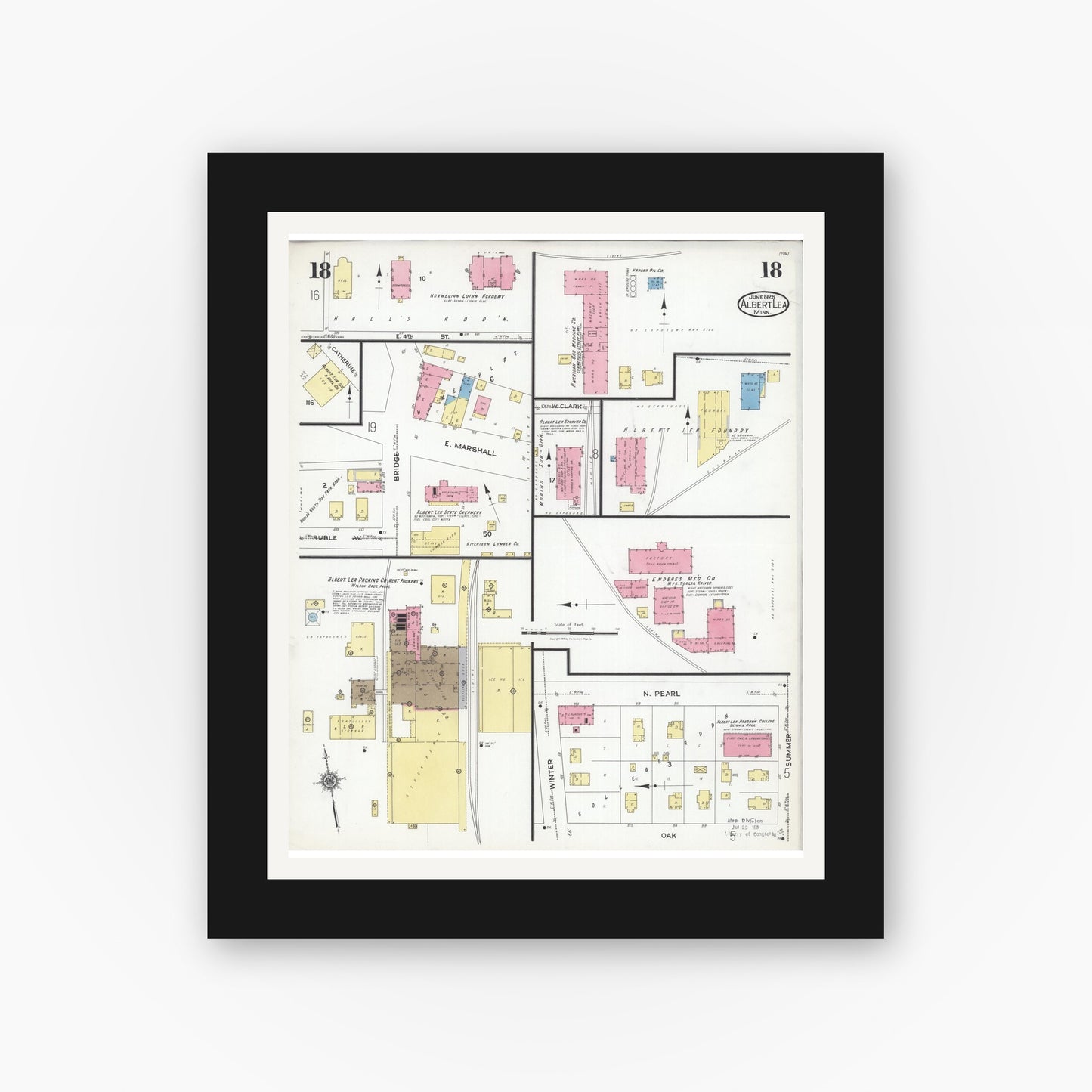 Old map wall art mockup — black gallery frame with white mat — Sanborn Fire Insurance Map from Albert Lea, Freeborn County, Minnesota (1926), Sheet #0018
