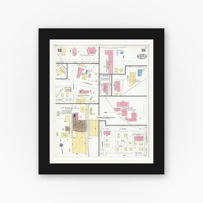 Old map wall art mockup — black gallery frame with white mat — Sanborn Fire Insurance Map from Albert Lea, Freeborn County, Minnesota (1926), Sheet #0018
