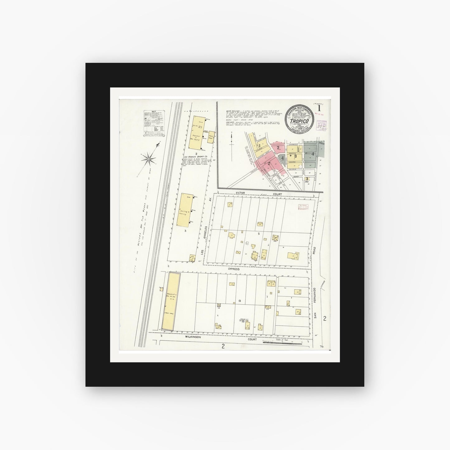 Old map wall art mockup — black gallery frame with white mat — Sanborn Fire Insurance Map from Tropico, Los Angeles County, California (1908) - Complete Map Set