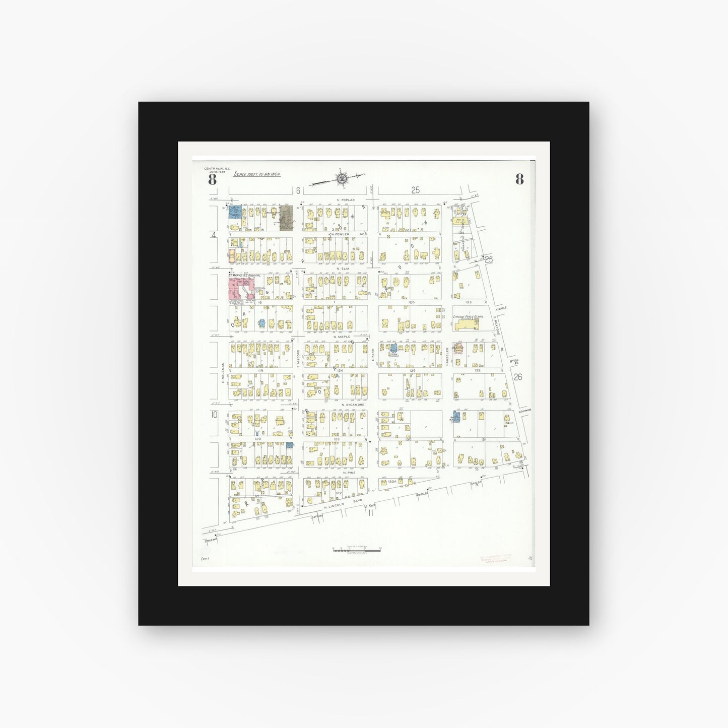 Old map wall art mockup — black gallery frame with white mat — Sanborn Fire Insurance Map from Centralia, Marion, Clinton, Jefferson, and Washington Counties, Illinois (1938), Sheet #0008