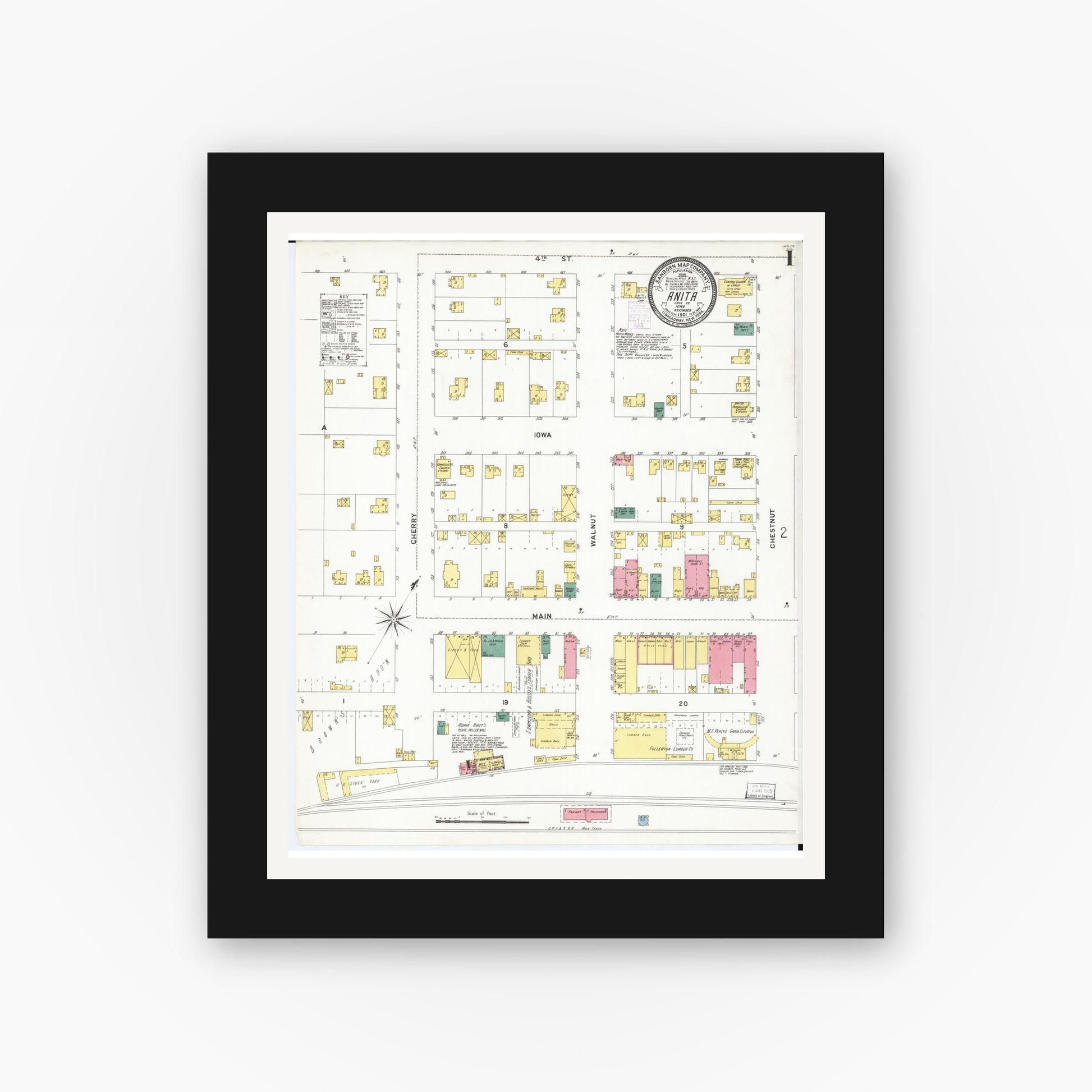 Old map wall art mockup — black gallery frame with white mat — Sanborn Fire Insurance Map from Anita, Cass County, Iowa (1901) â€” Complete Set