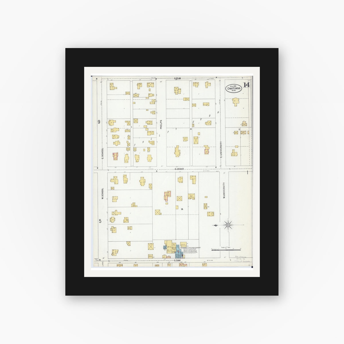 Old map wall art mockup — black gallery frame with white mat — Sanborn Fire Insurance Map from Owatonna, Steele County, Minnesota (1900), Sheet #0014