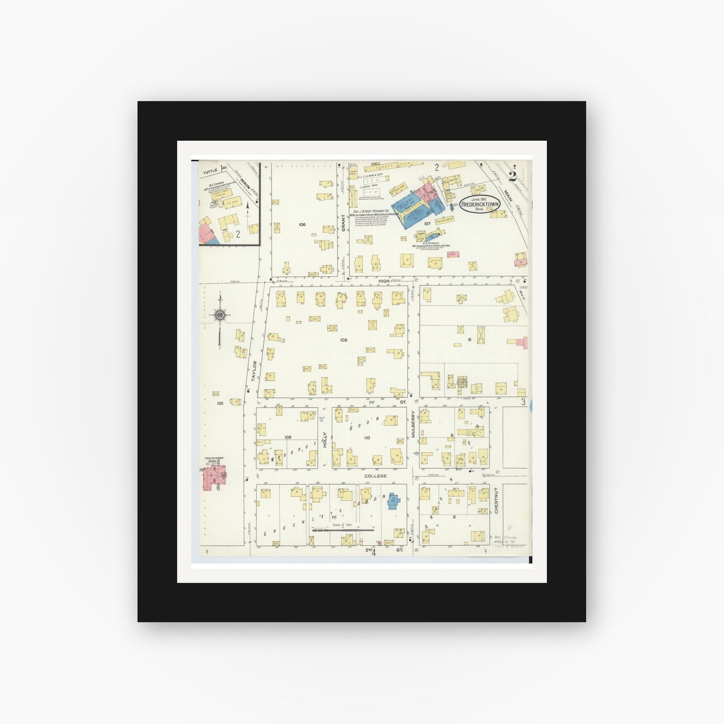 Old map wall art mockup — black gallery frame with white mat — Sanborn Fire Insurance Map from Fredericktown, Knox County, Ohio (1915), Sheet #0002