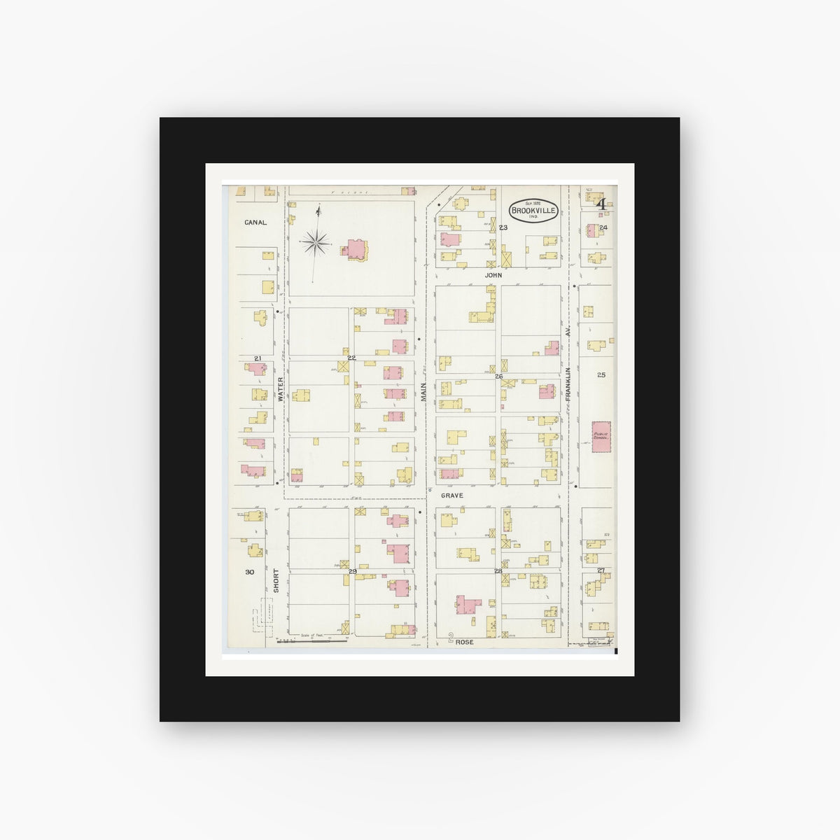 Old map wall art mockup — black gallery frame with white mat — Sanborn Fire Insurance Map from Brookville, Franklin County, Indiana (1892), Sheet #0004