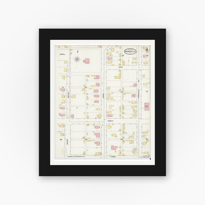 Old map wall art mockup — black gallery frame with white mat — Sanborn Fire Insurance Map from Brookville, Franklin County, Indiana (1892), Sheet #0004