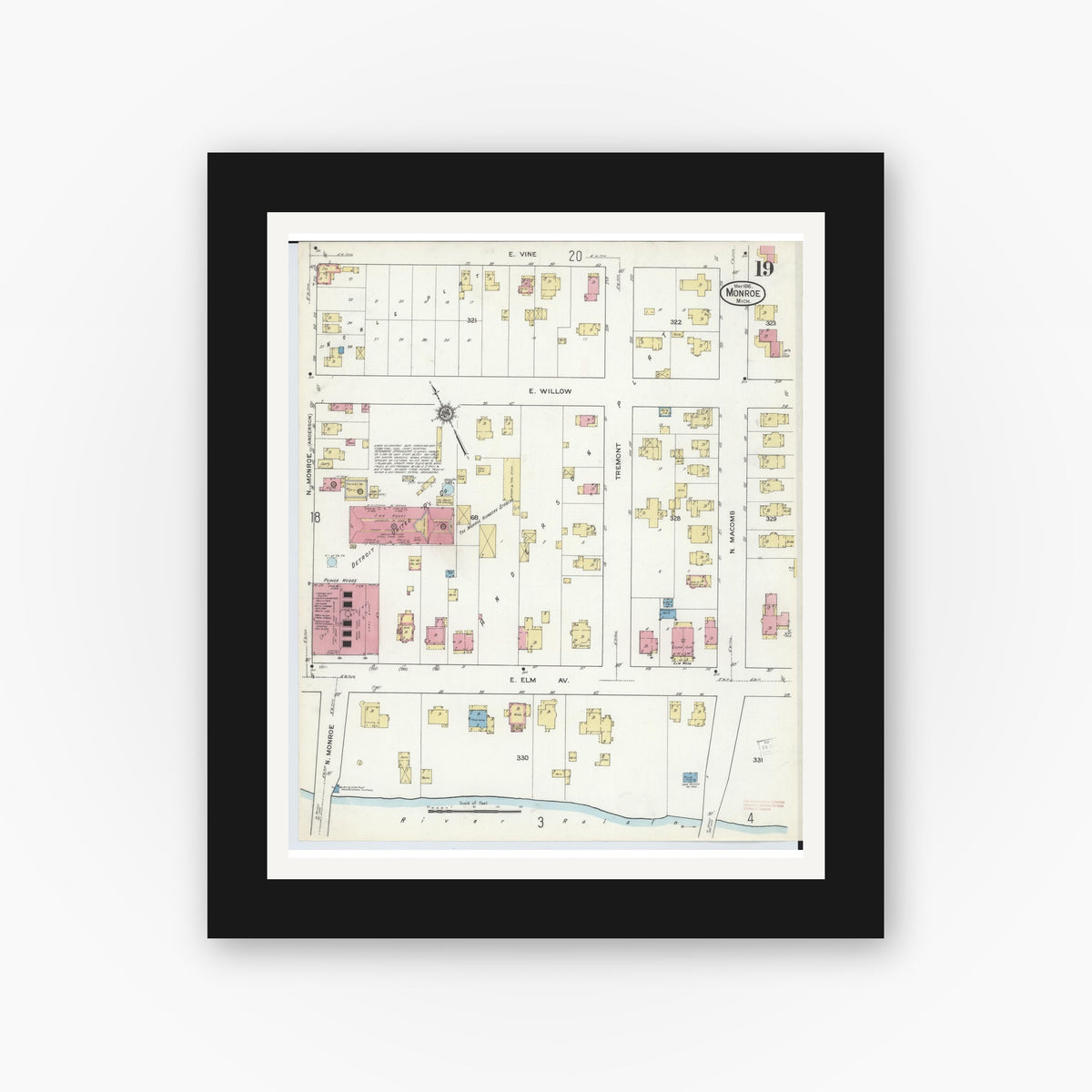Old map wall art mockup — black gallery frame with white mat — Sanborn Fire Insurance Map from Monroe, Monroe County, Michigan (1916), Sheet #0019