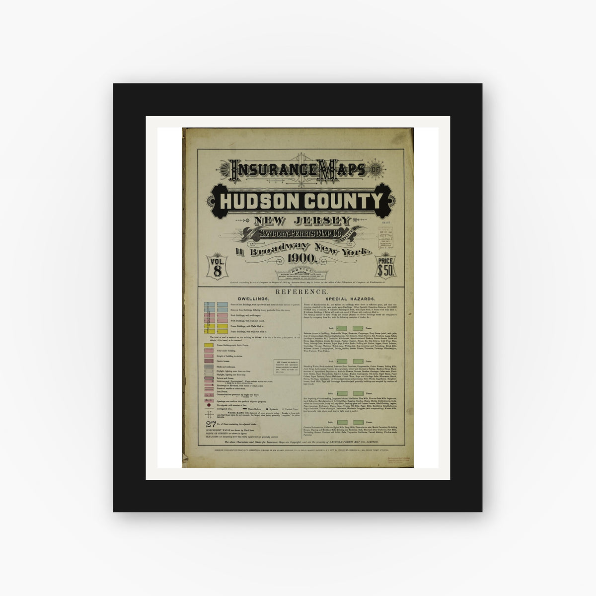 Old map wall art mockup — black gallery frame with white mat — Sanborn Fire Insurance Map from Hudson Co., Hudson County, New Jersey (1900), Sheet #0001