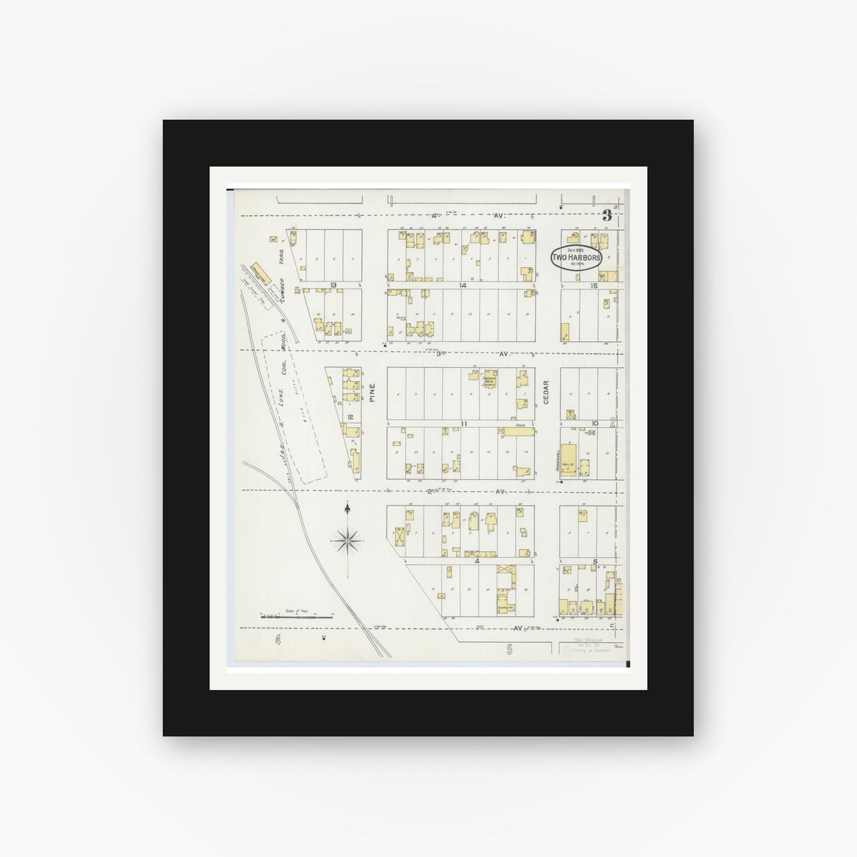 Old map wall art mockup — black gallery frame with white mat — Sanborn Fire Insurance Map from Two Harbors, Lake County, Minnesota (1892), Sheet #0003