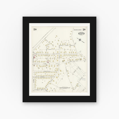 Old map wall art mockup — black gallery frame with white mat — Sanborn Fire Insurance Map from Burlington, Alamance County, North Carolina (1924), Sheet #0020