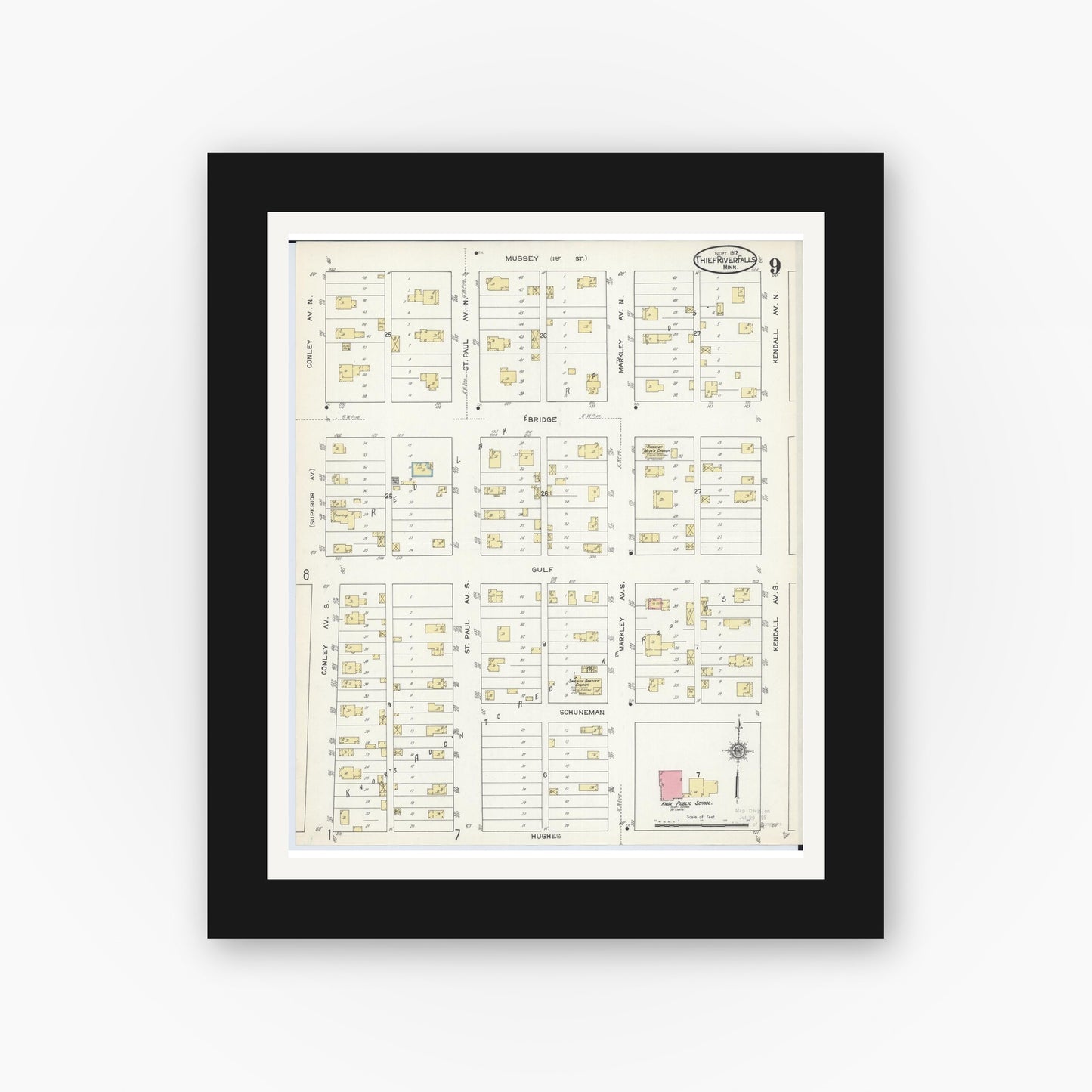 Old map wall art mockup — black gallery frame with white mat — Sanborn Fire Insurance Map from Thief River Falls, Pennington County, Minnesota (1912), Sheet #0009