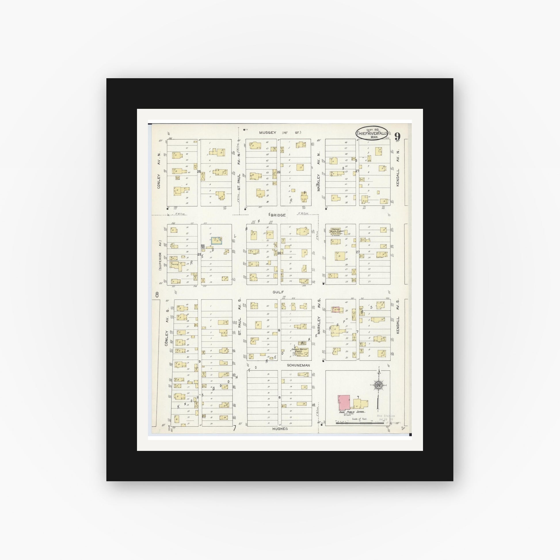 Old map wall art mockup — black gallery frame with white mat — Sanborn Fire Insurance Map from Thief River Falls, Pennington County, Minnesota (1912), Sheet #0009