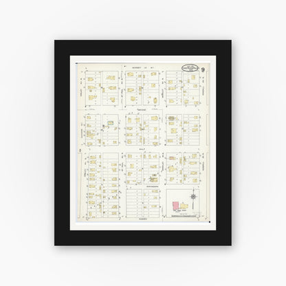 Old map wall art mockup — black gallery frame with white mat — Sanborn Fire Insurance Map from Thief River Falls, Pennington County, Minnesota (1912), Sheet #0009