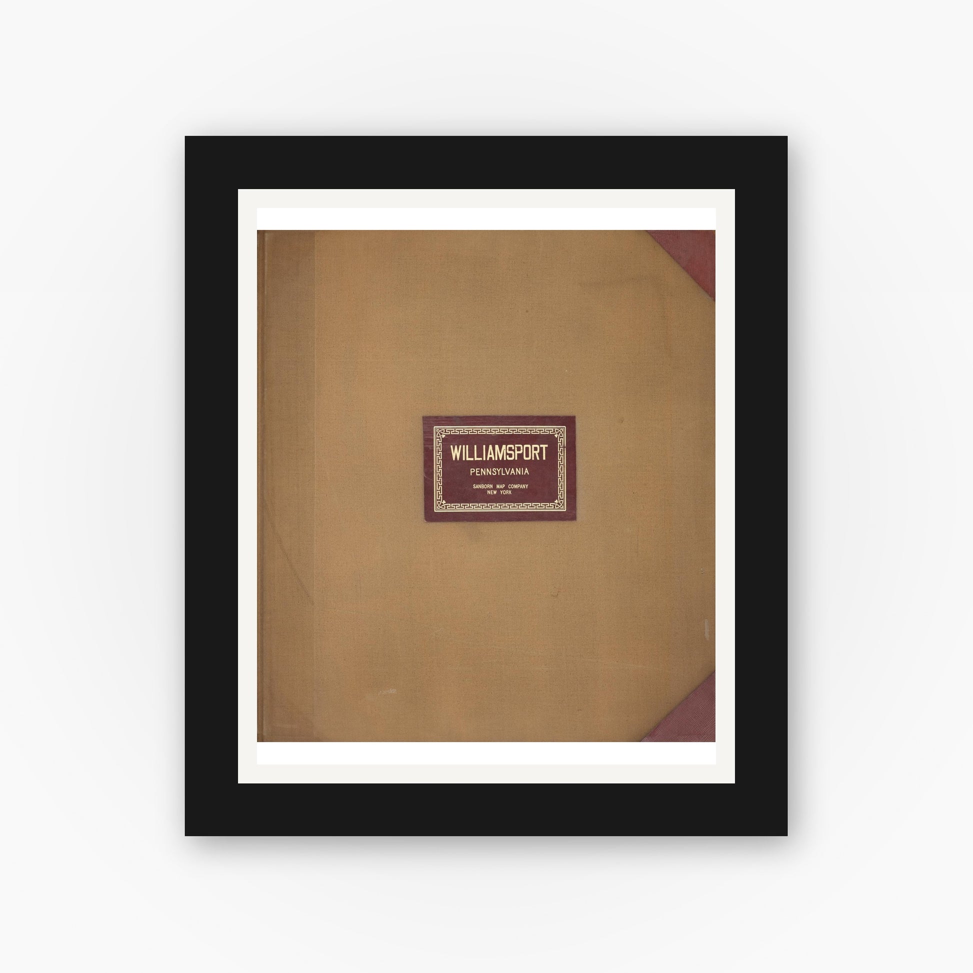 Old map wall art mockup — black gallery frame with white mat — Sanborn Fire Insurance Map from Williamsport, Lycoming County, Pennsylvania (1950), Sheet #0001