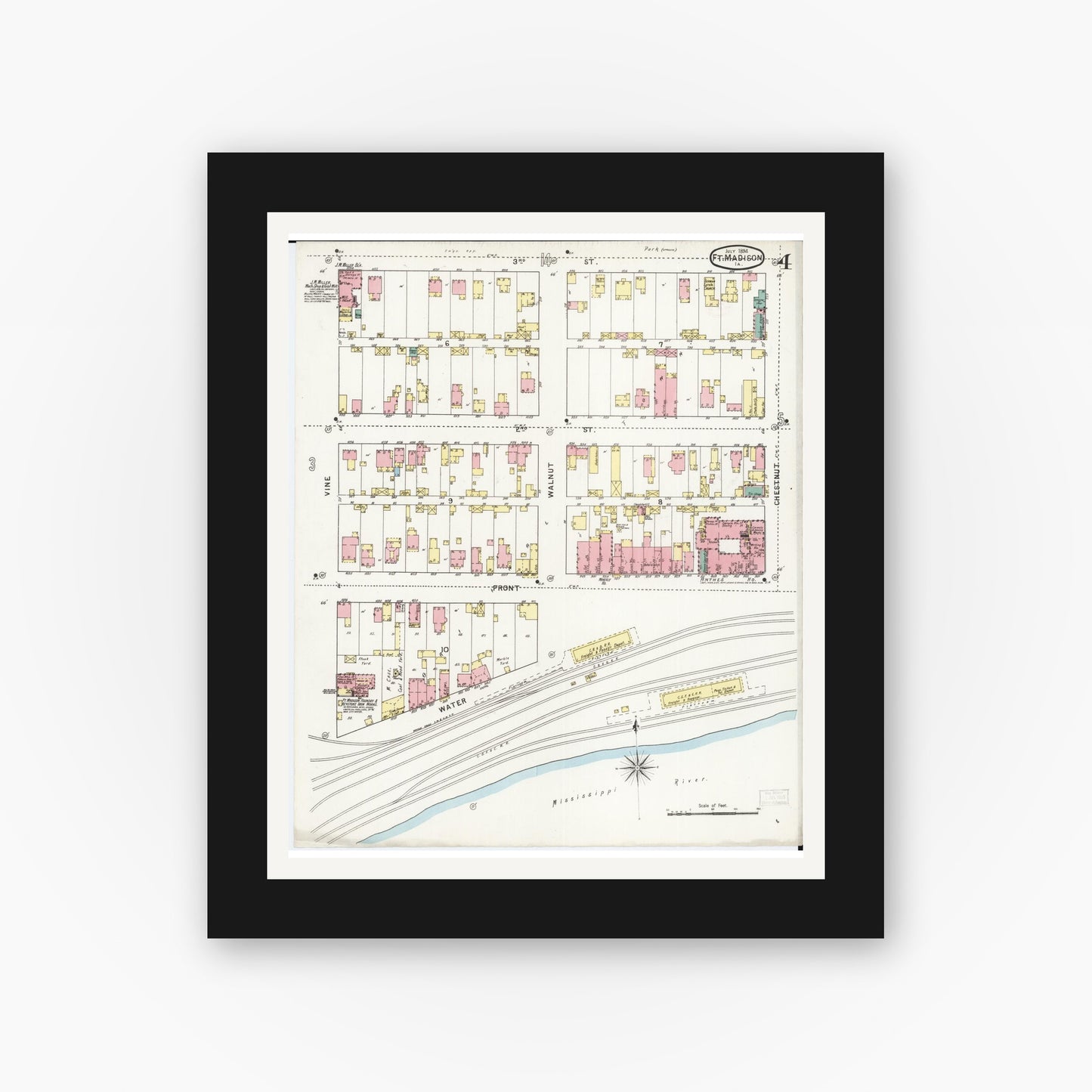 Old map wall art mockup — black gallery frame with white mat — Sanborn Fire Insurance Map from Fort Madison, Lee County, Iowa (1894), Sheet #0004